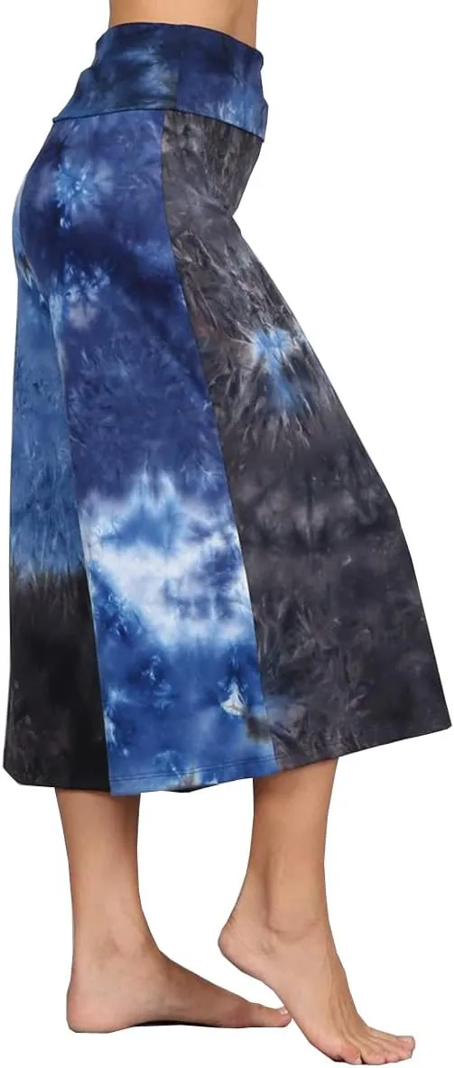 HEYHUN Women's Solid Tie Dye Wide Leg Flared Capri Boho Gaucho Pants w/Lace Detail