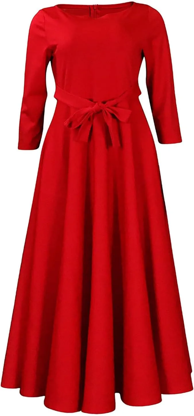 HGps8w Plus Size Women Elegant Belted High Waist Midi Dresses - Formal Solid Long Sleeve Wedding Guests Dress with Pockets