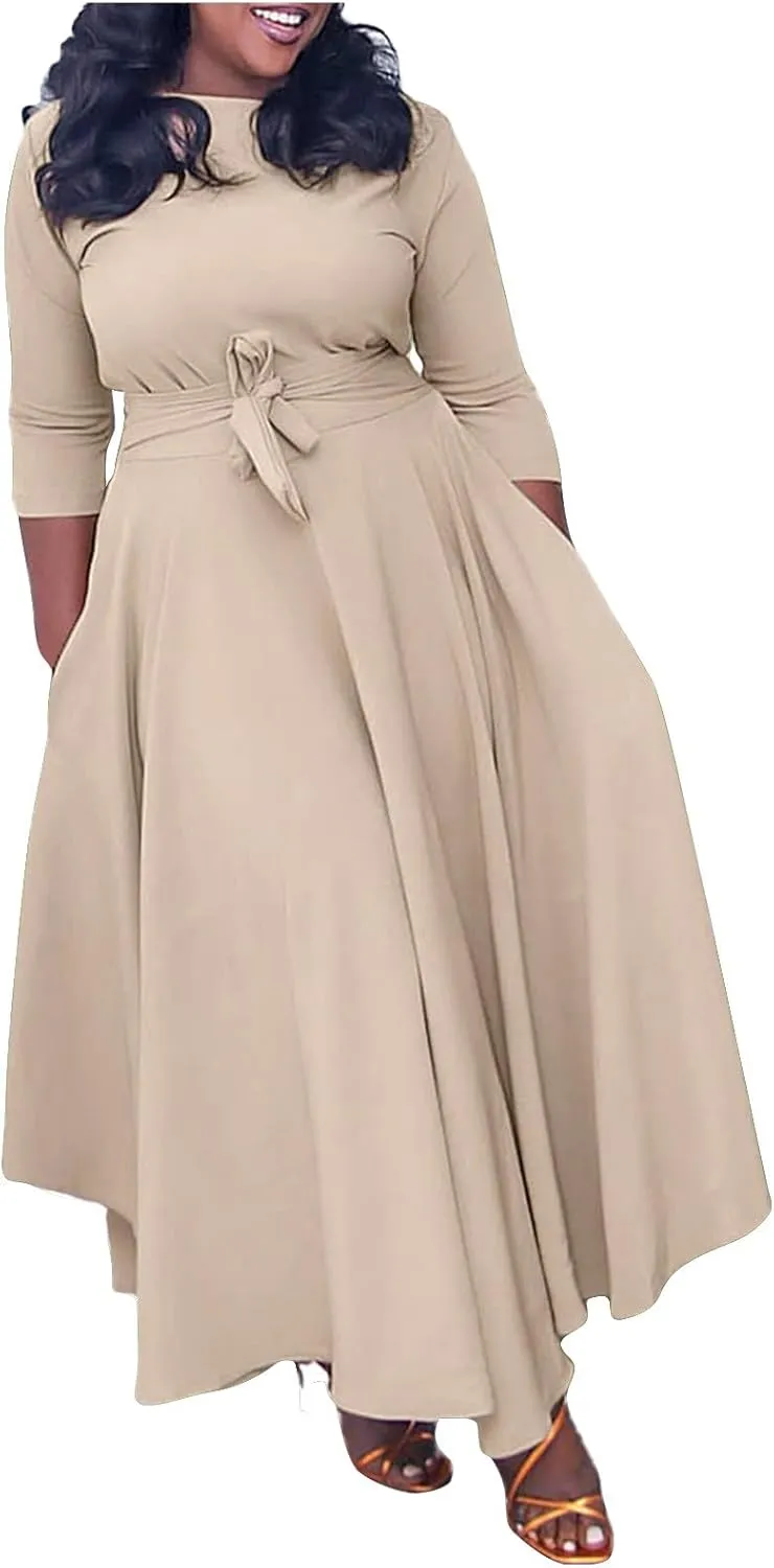 HGps8w Plus Size Women Elegant Belted High Waist Midi Dresses - Formal Solid Long Sleeve Wedding Guests Dress with Pockets
