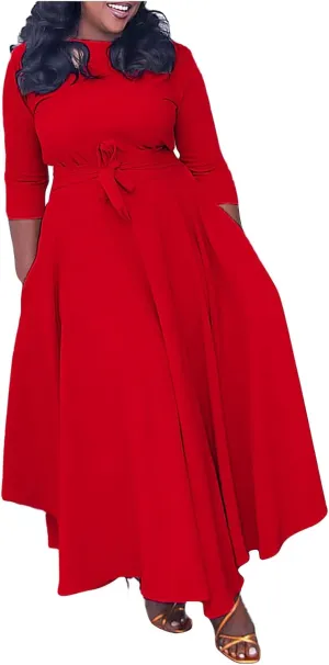 HGps8w Plus Size Women Elegant Belted High Waist Midi Dresses - Formal Solid Long Sleeve Wedding Guests Dress with Pockets