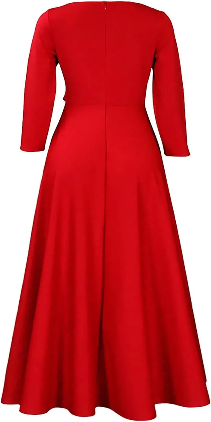 HGps8w Plus Size Women Elegant Belted High Waist Midi Dresses - Formal Solid Long Sleeve Wedding Guests Dress with Pockets