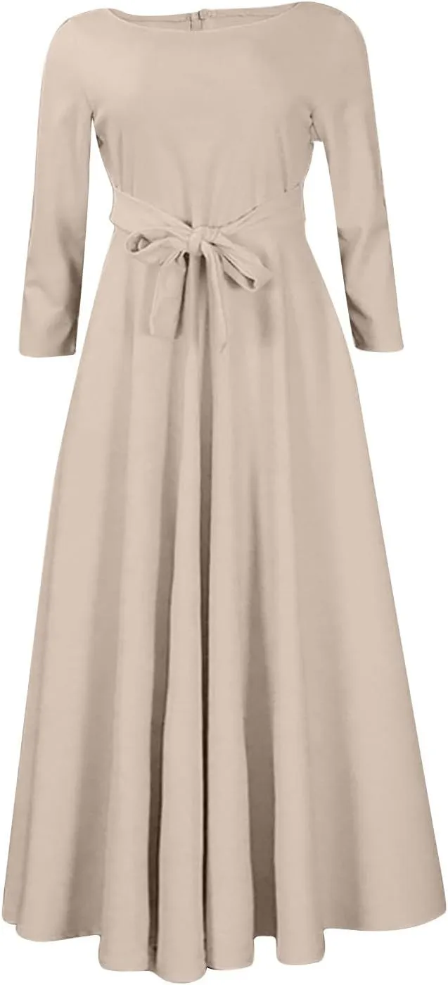 HGps8w Plus Size Women Elegant Belted High Waist Midi Dresses - Formal Solid Long Sleeve Wedding Guests Dress with Pockets