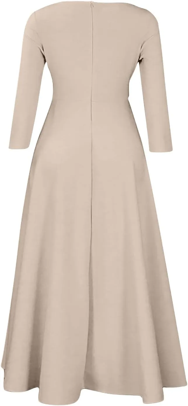 HGps8w Plus Size Women Elegant Belted High Waist Midi Dresses - Formal Solid Long Sleeve Wedding Guests Dress with Pockets