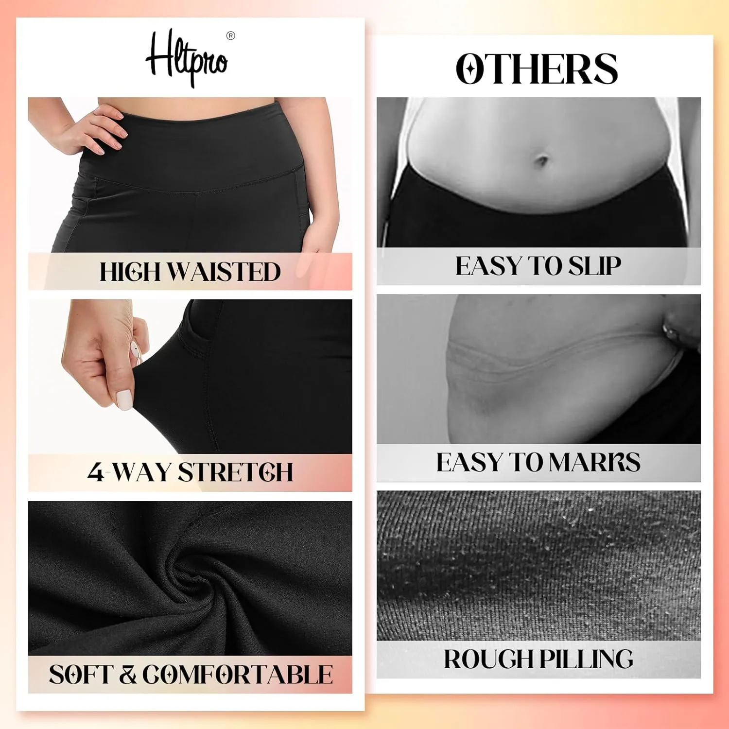 HLTPRO Plus Size Leggings with Pockets for Women - Black Yoga High Waist Tummy Control Pants for Workout