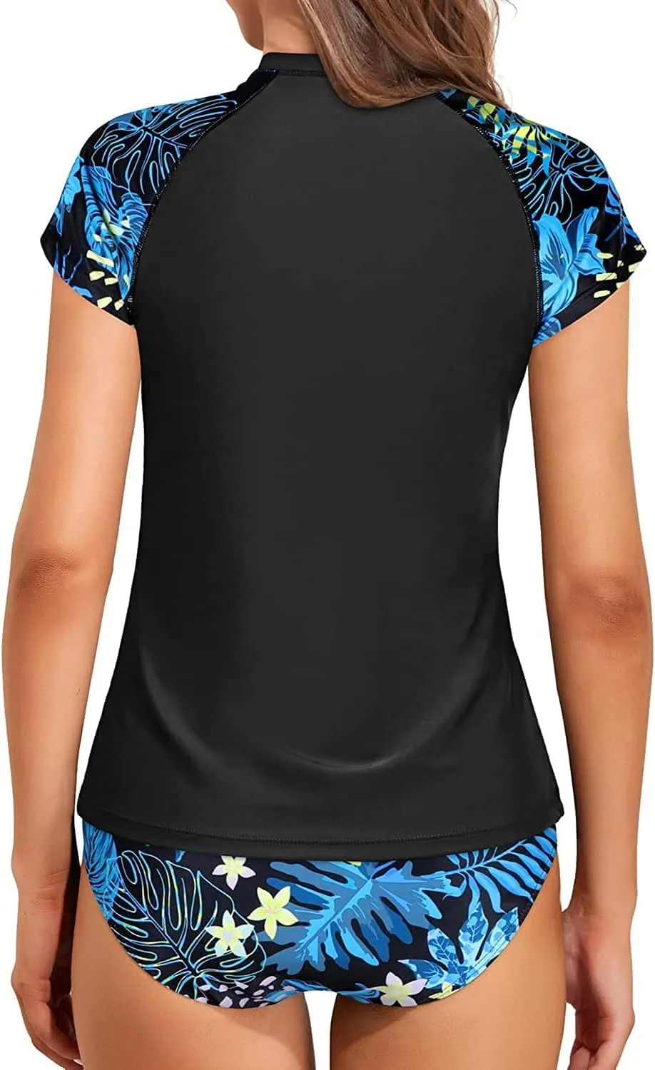 Holipick Two Piece Short Sleeved Rash Guard Cap Sleeve Bathing Suit Zipper Swimsuit Bulid in Bra Swim Shirt Women