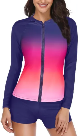 Holipick Women 2 Piece Rash Guard Swimsuit Long Sleeve Zipper Bathing Suit Sun Protection UPF 50  Swim Shirt with Shorts