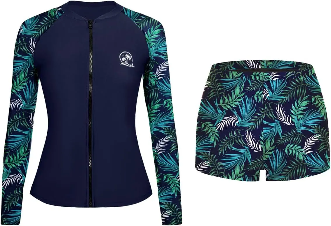 Holipick Women 2 Piece Rash Guard Swimsuit Long Sleeve Zipper Bathing Suit Sun Protection UPF 50  Swim Shirt with Shorts