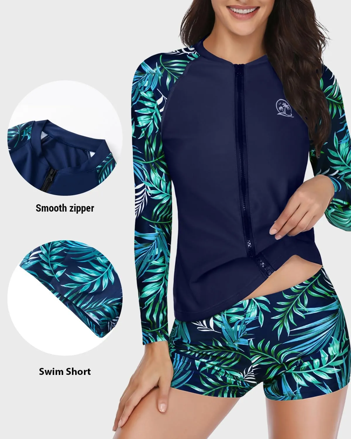 Holipick Women 2 Piece Rash Guard Swimsuit Long Sleeve Zipper Bathing Suit Sun Protection UPF 50  Swim Shirt with Shorts