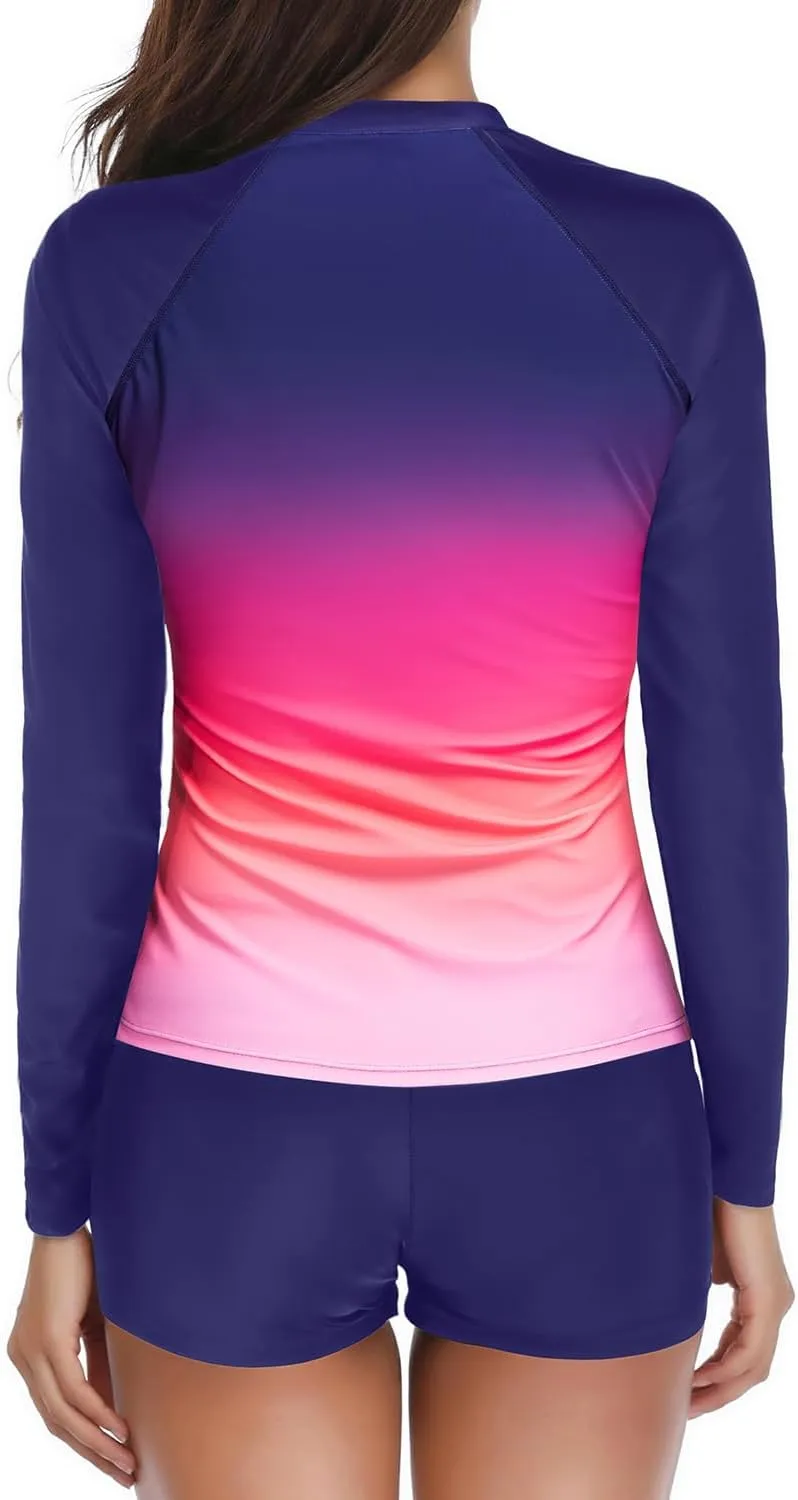 Holipick Women 2 Piece Rash Guard Swimsuit Long Sleeve Zipper Bathing Suit Sun Protection UPF 50  Swim Shirt with Shorts
