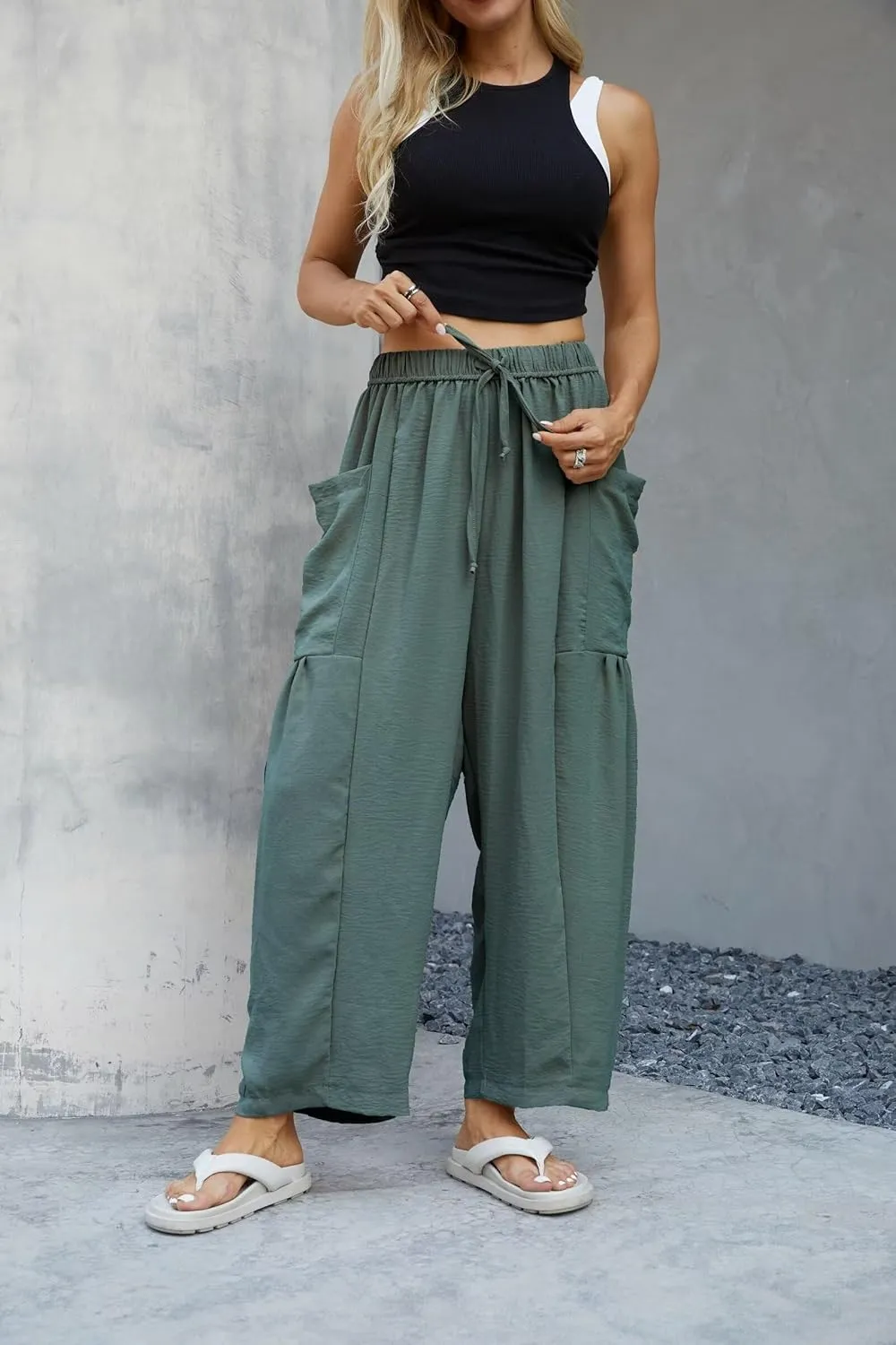 Honwenle Women's Wide Leg Pants Loose Drawstring Palazzo Pants Summer Casual Flowy Beach Trousers with Cargo Pockets