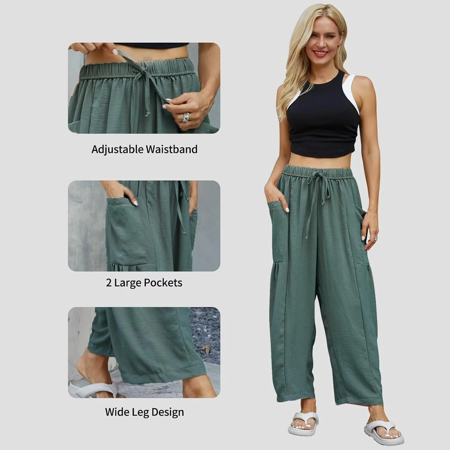Honwenle Women's Wide Leg Pants Loose Drawstring Palazzo Pants Summer Casual Flowy Beach Trousers with Cargo Pockets