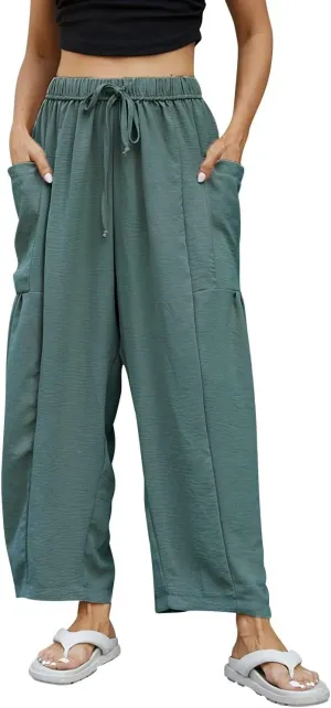 Honwenle Women's Wide Leg Pants Loose Drawstring Palazzo Pants Summer Casual Flowy Beach Trousers with Cargo Pockets