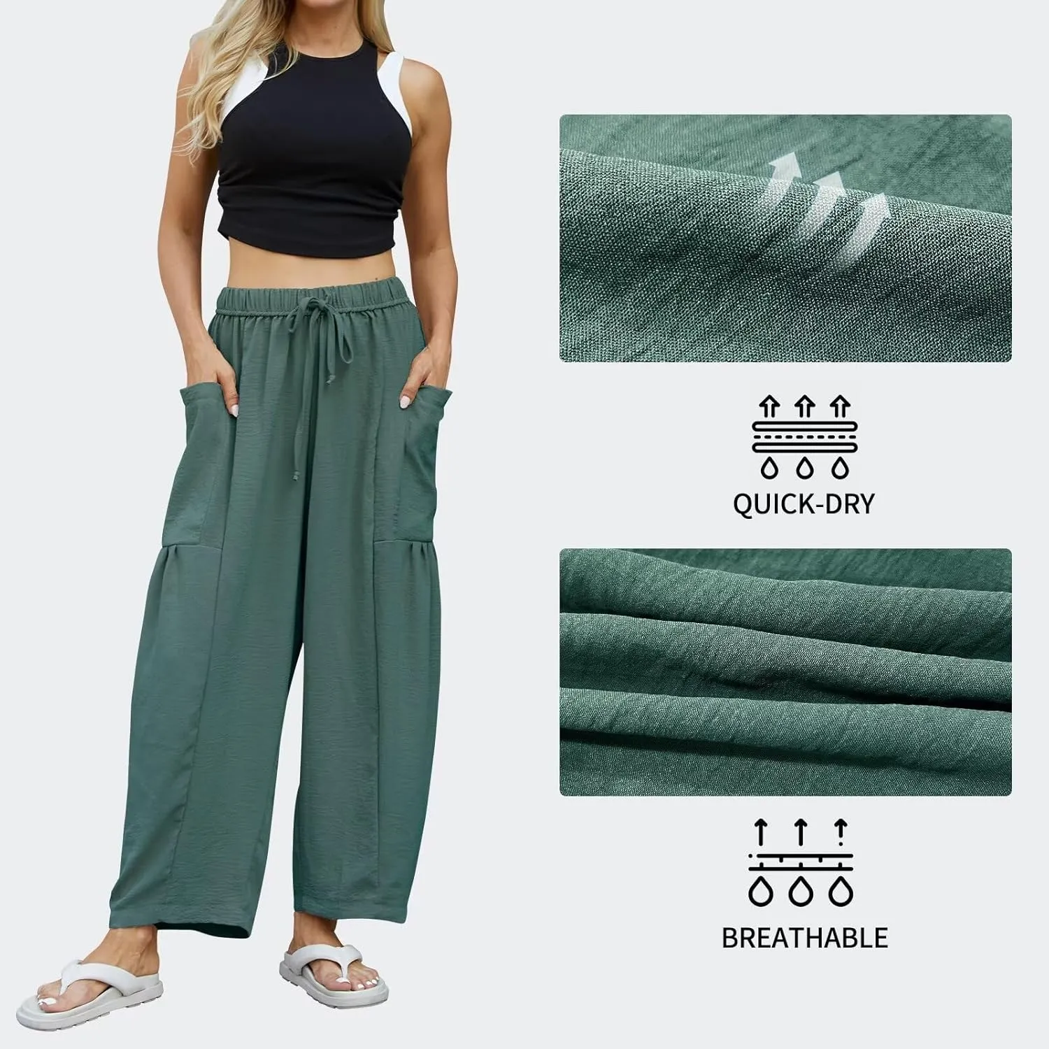 Honwenle Women's Wide Leg Pants Loose Drawstring Palazzo Pants Summer Casual Flowy Beach Trousers with Cargo Pockets