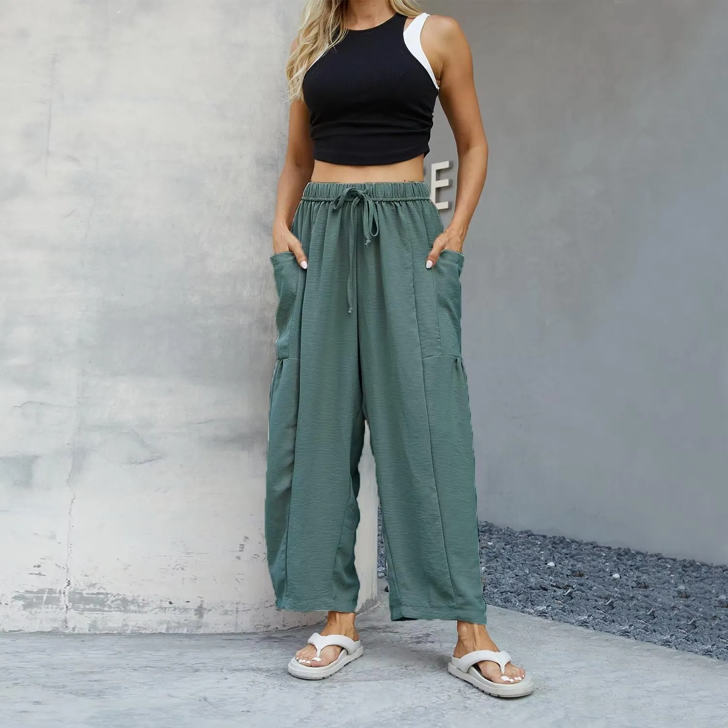 Honwenle Women's Wide Leg Pants Loose Drawstring Palazzo Pants Summer Casual Flowy Beach Trousers with Cargo Pockets