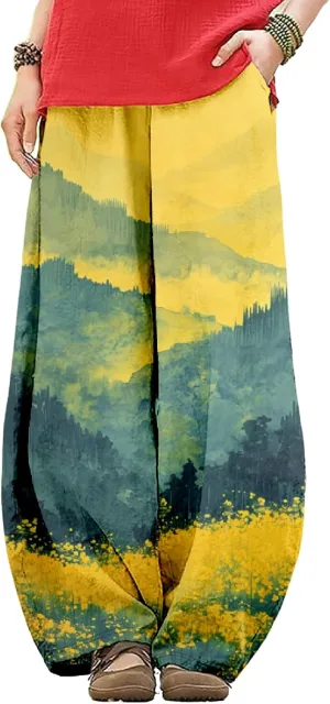 HOTYD Wide Leg Lantern Pants for Women Boho Floral Printed Low Rise Casual Pants Elastic Waist Baggy Trousers with Pockets