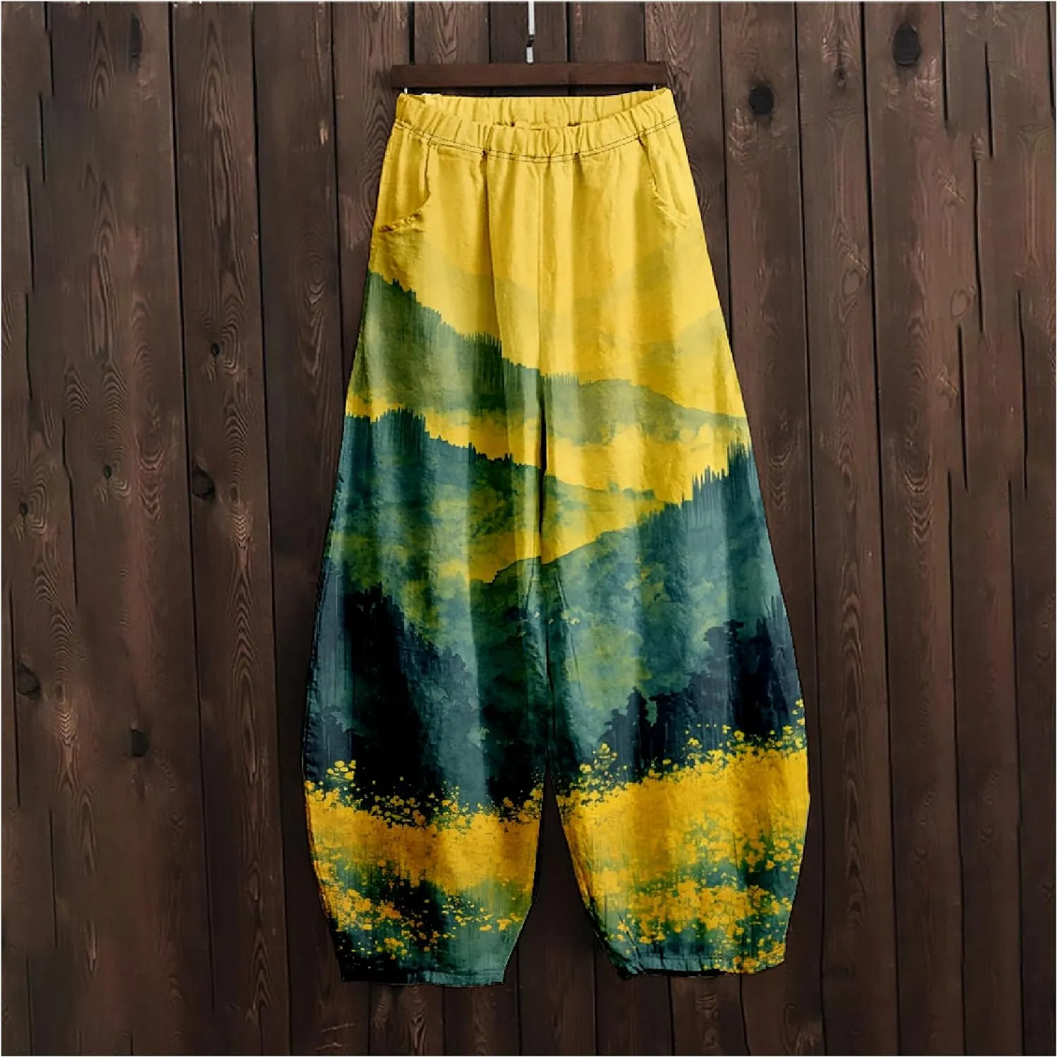 HOTYD Wide Leg Lantern Pants for Women Boho Floral Printed Low Rise Casual Pants Elastic Waist Baggy Trousers with Pockets