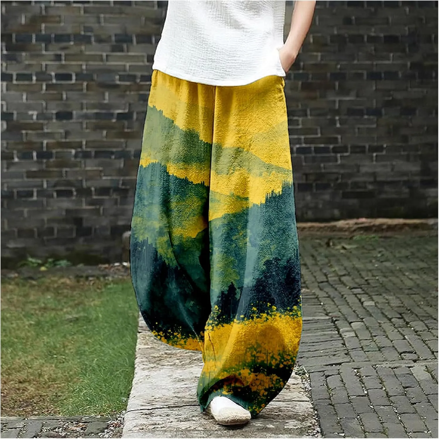 HOTYD Wide Leg Lantern Pants for Women Boho Floral Printed Low Rise Casual Pants Elastic Waist Baggy Trousers with Pockets