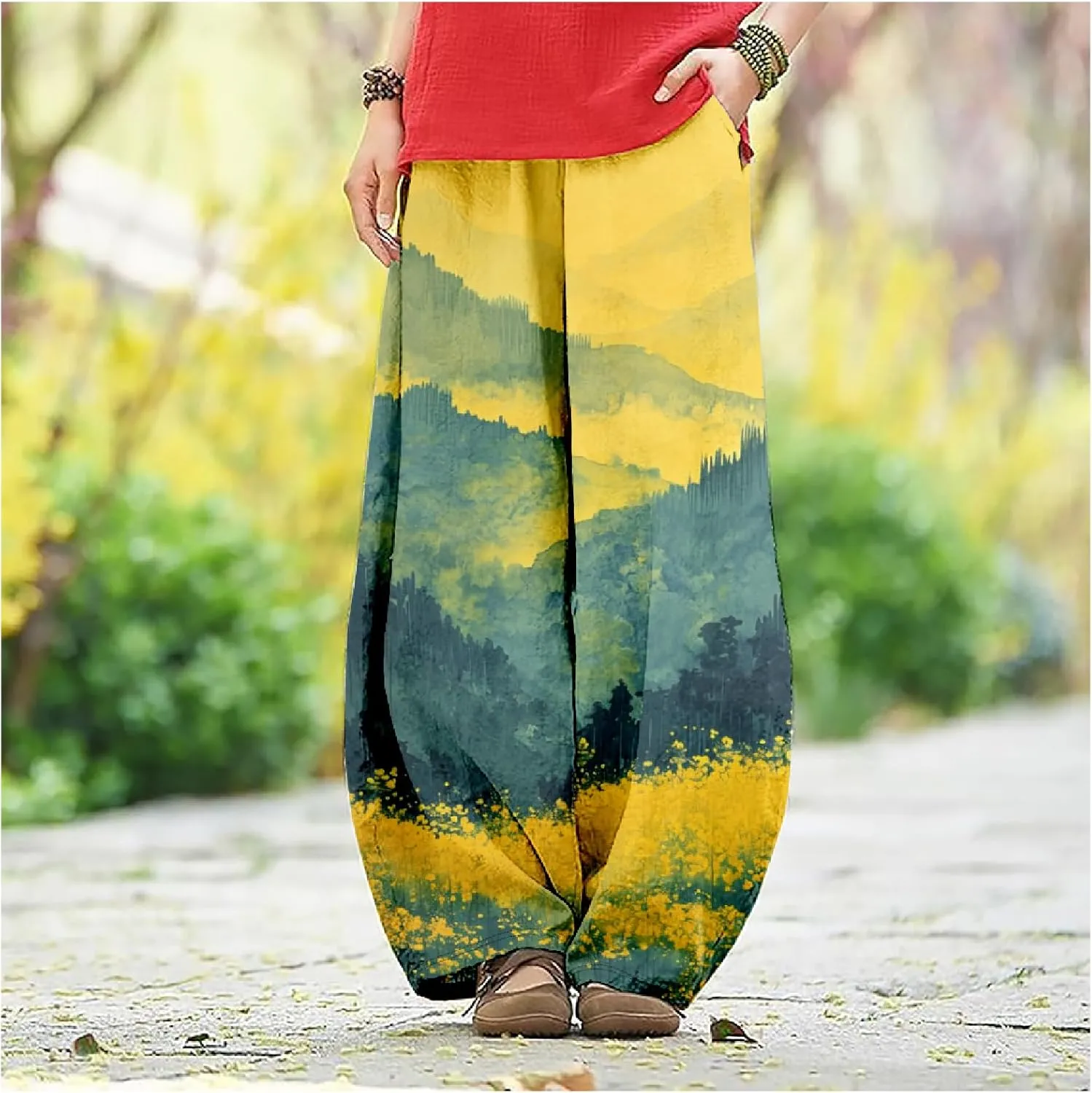 HOTYD Wide Leg Lantern Pants for Women Boho Floral Printed Low Rise Casual Pants Elastic Waist Baggy Trousers with Pockets