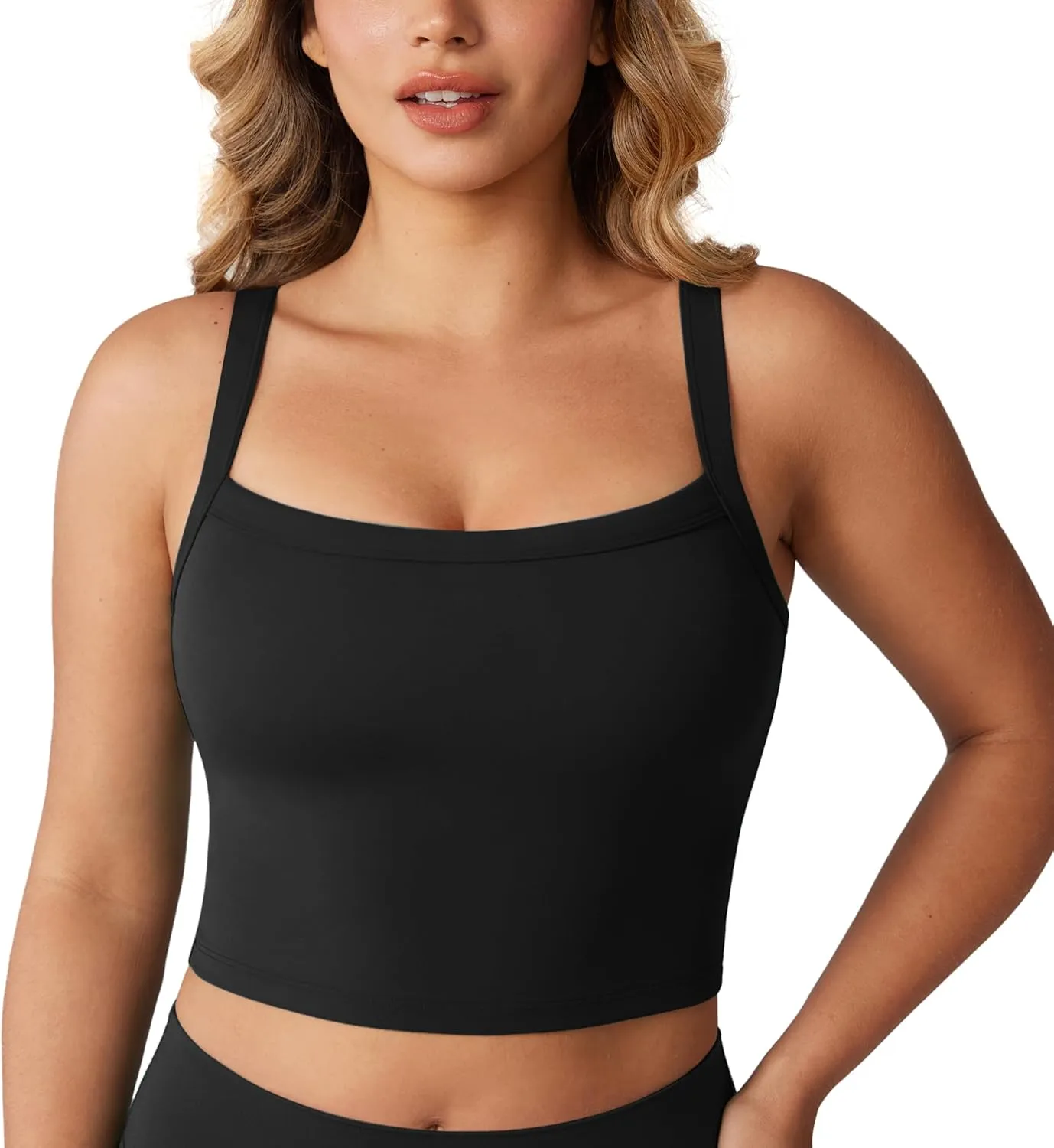 Hugcurve Adjustable Longline Sports Bra Square Neck Workout Tank Crop Tops for Women with Built in Bra Padded Camisole