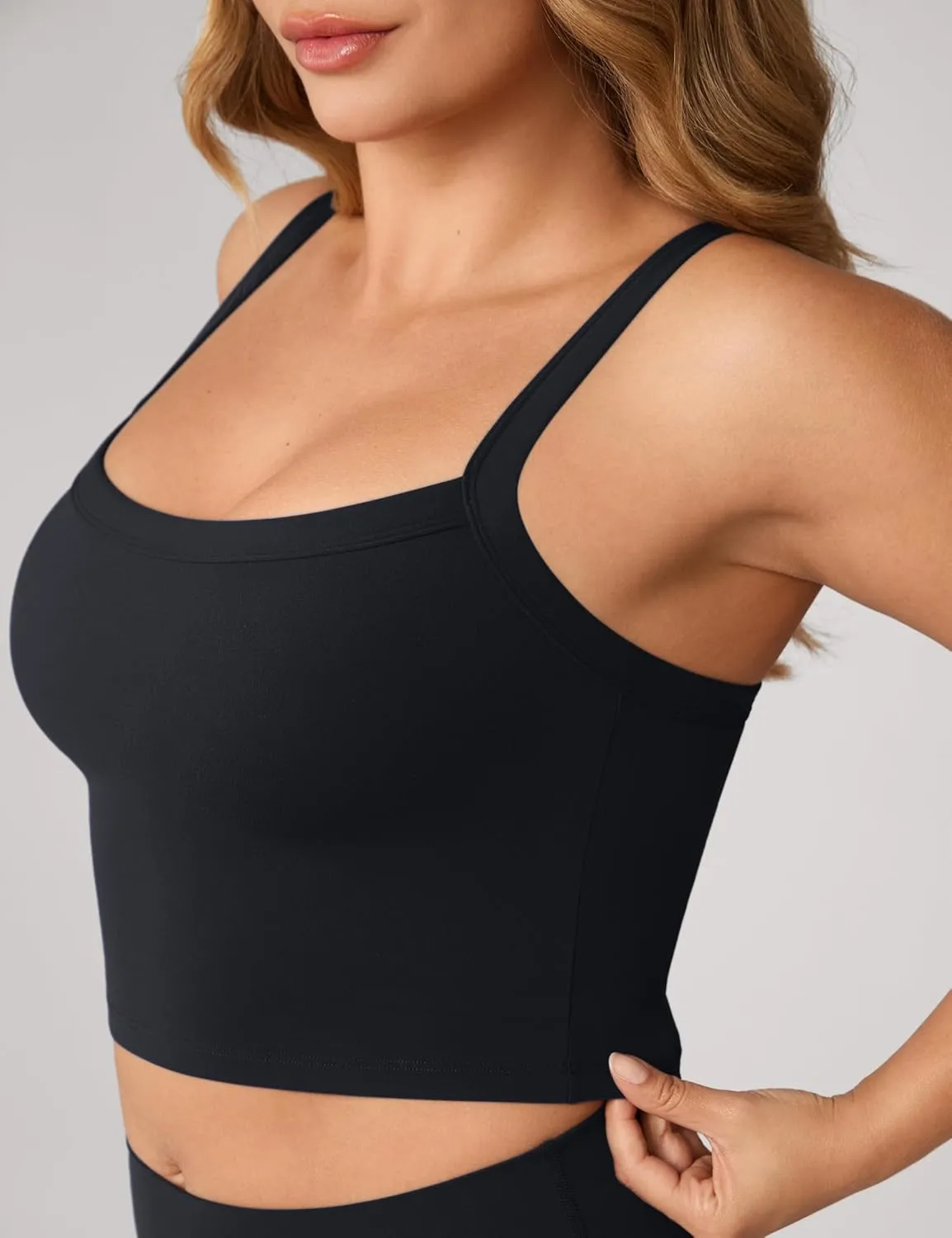 Hugcurve Adjustable Longline Sports Bra Square Neck Workout Tank Crop Tops for Women with Built in Bra Padded Camisole