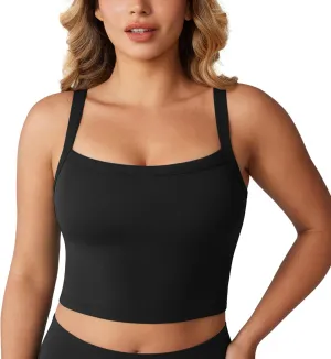 Hugcurve Adjustable Longline Sports Bra Square Neck Workout Tank Crop Tops for Women with Built in Bra Padded Camisole