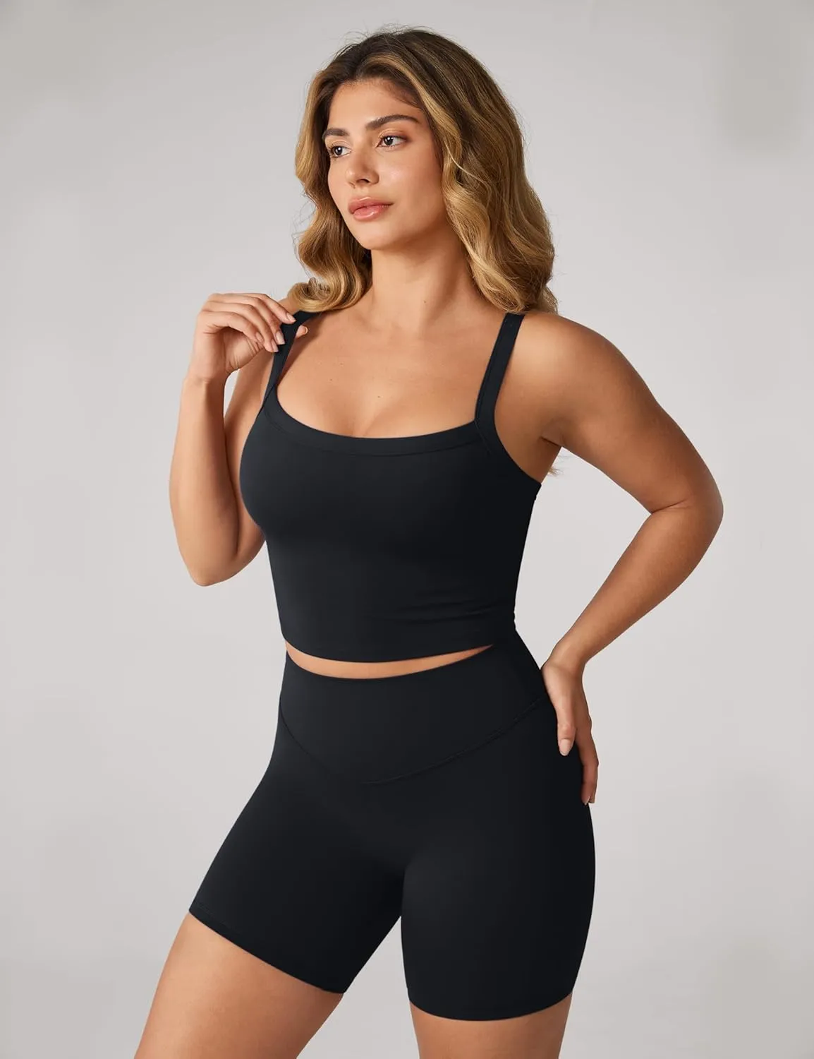 Hugcurve Adjustable Longline Sports Bra Square Neck Workout Tank Crop Tops for Women with Built in Bra Padded Camisole