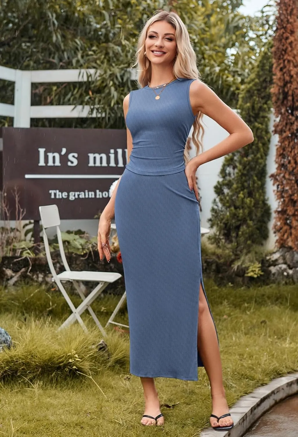 HUUSA Womens Two Piece Outfits Summer Bodycon Sleeveless Crewneck Crop Tank Tops Ribbed Split Long Skirt Dress Set