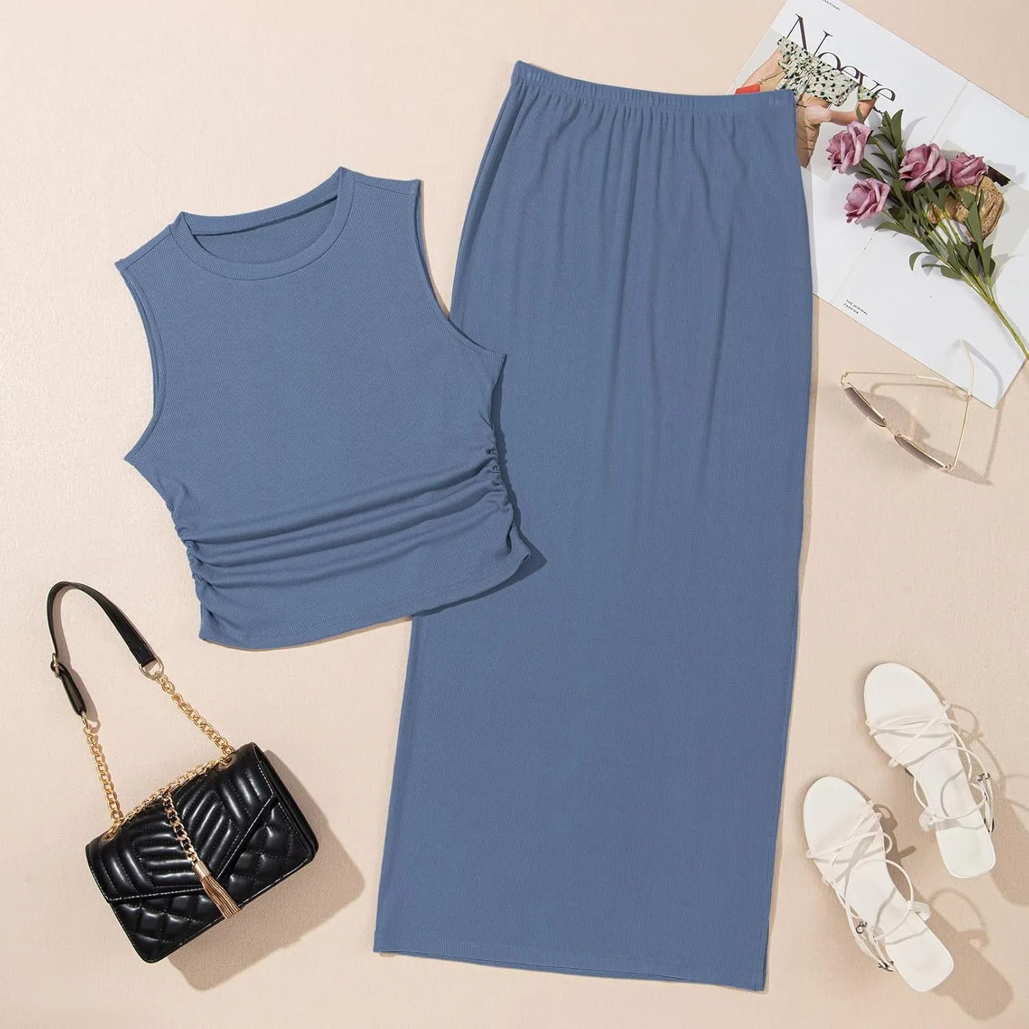 HUUSA Womens Two Piece Outfits Summer Bodycon Sleeveless Crewneck Crop Tank Tops Ribbed Split Long Skirt Dress Set