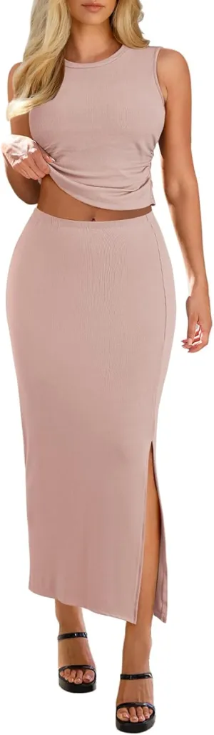 HUUSA Womens Two Piece Outfits Summer Bodycon Sleeveless Crewneck Crop Tank Tops Ribbed Split Long Skirt Dress Set