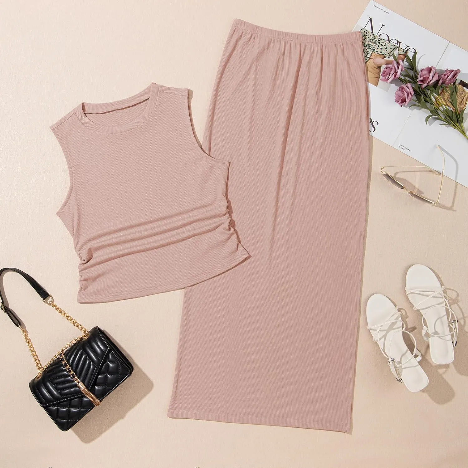 HUUSA Womens Two Piece Outfits Summer Bodycon Sleeveless Crewneck Crop Tank Tops Ribbed Split Long Skirt Dress Set