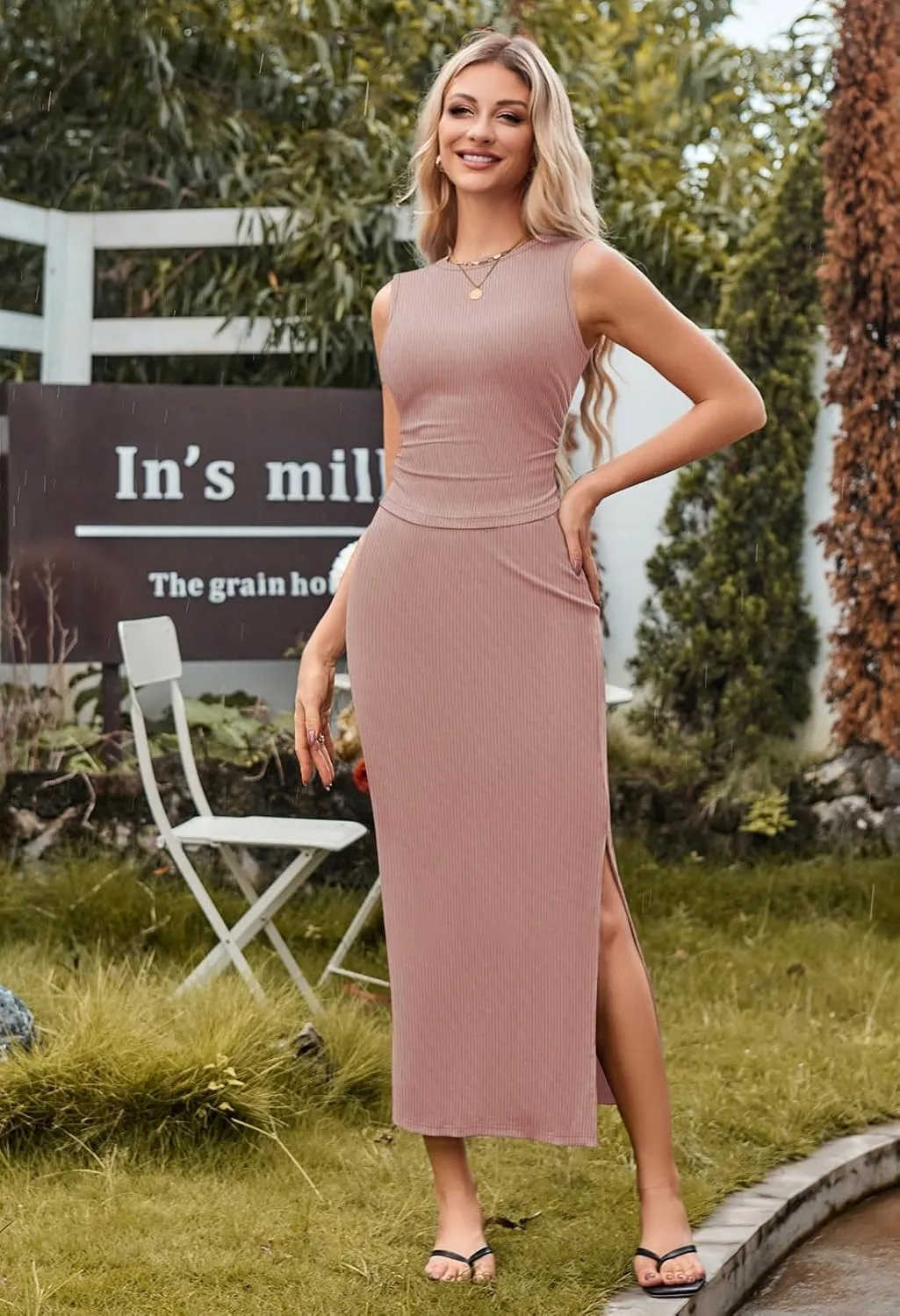 HUUSA Womens Two Piece Outfits Summer Bodycon Sleeveless Crewneck Crop Tank Tops Ribbed Split Long Skirt Dress Set