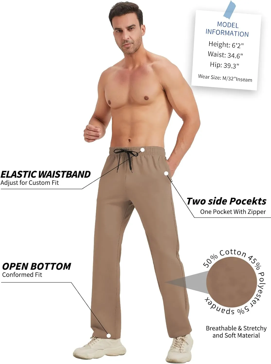 Idtswch 30/32/34/36/38/40 Long Inseam Mens Tall Sweatpants Open Bottom Joggers Athletic Yoga Pants with Pockets
