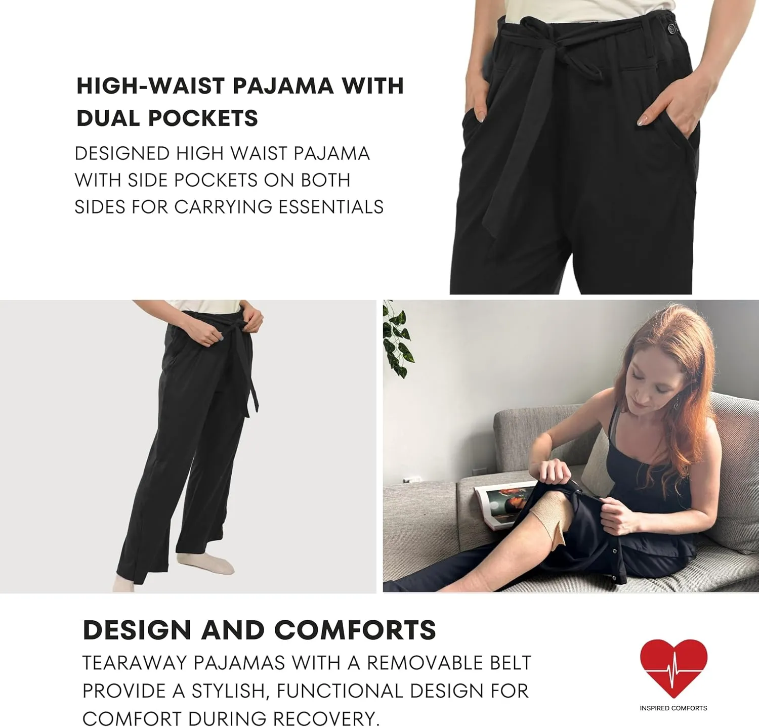 Inspired Comforts Women Tearaway Post Surgery Recovery Pajama Pants with Side Snaps & Pockets