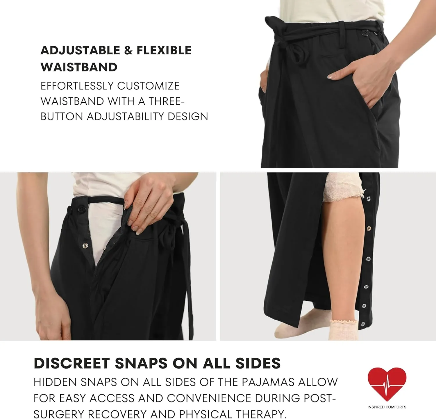 Inspired Comforts Women Tearaway Post Surgery Recovery Pajama Pants with Side Snaps & Pockets