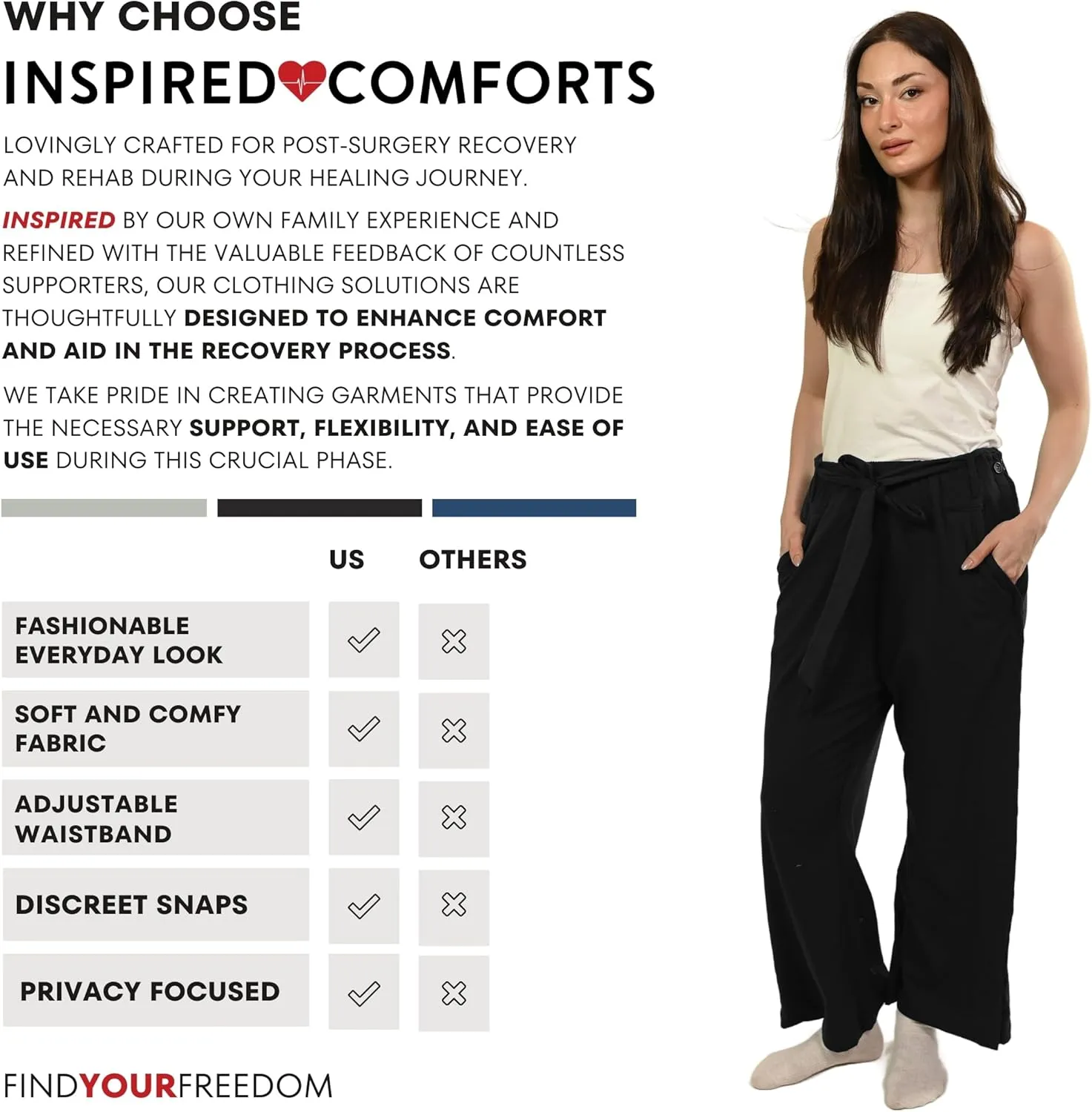 Inspired Comforts Women Tearaway Post Surgery Recovery Pajama Pants with Side Snaps & Pockets