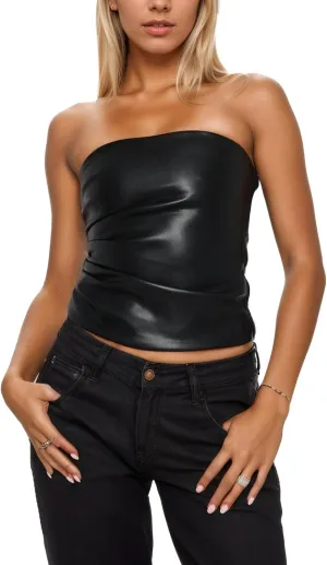 ISZPLUSH Womens Tube Cropped Camisole Tops Sexy Ruched Strapless PU Leather Club Party Y2K Going Out Outfit Bandeau