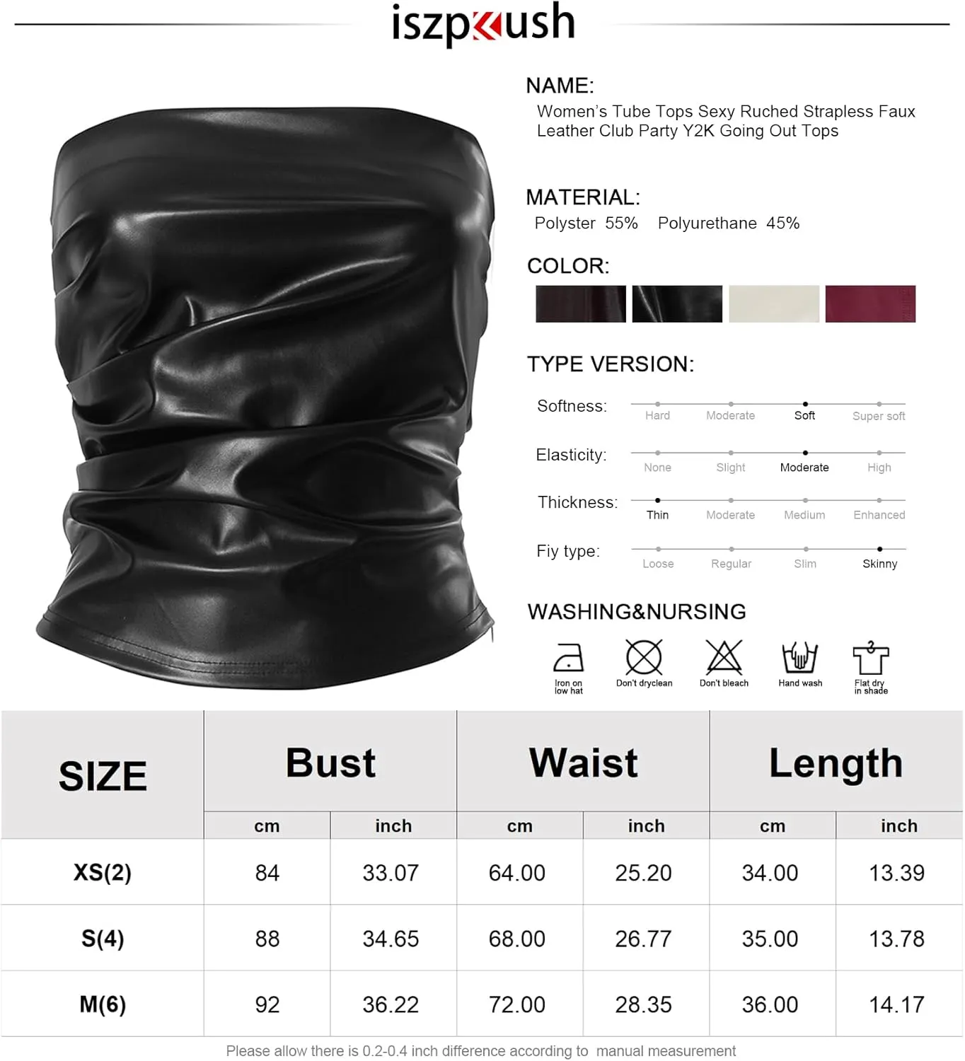 ISZPLUSH Womens Tube Cropped Camisole Tops Sexy Ruched Strapless PU Leather Club Party Y2K Going Out Outfit Bandeau