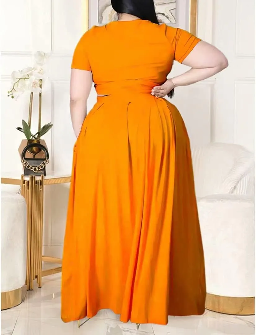 IyMoo Womens Plus Size 2 Piece Dress Outfits Short Sleeve Bandage Wrap Empire Crop Tops and Skirt Sets