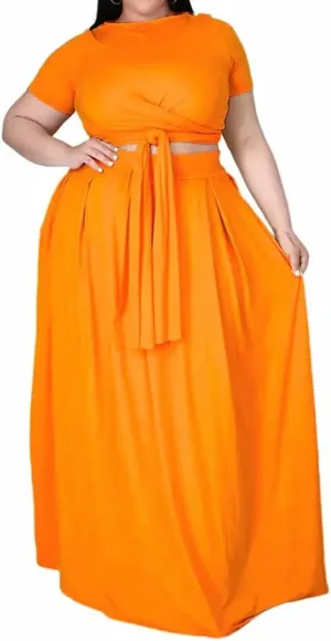 IyMoo Womens Plus Size 2 Piece Dress Outfits Short Sleeve Bandage Wrap Empire Crop Tops and Skirt Sets