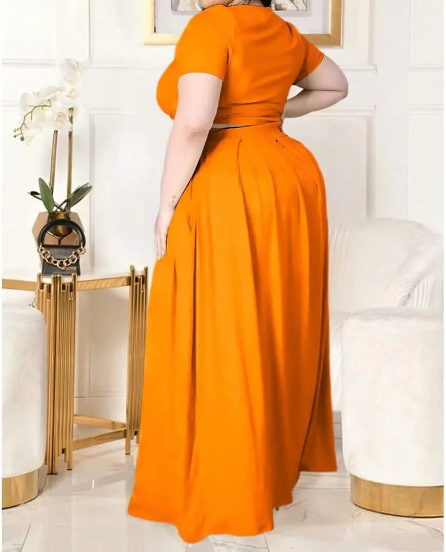 IyMoo Womens Plus Size 2 Piece Dress Outfits Short Sleeve Bandage Wrap Empire Crop Tops and Skirt Sets