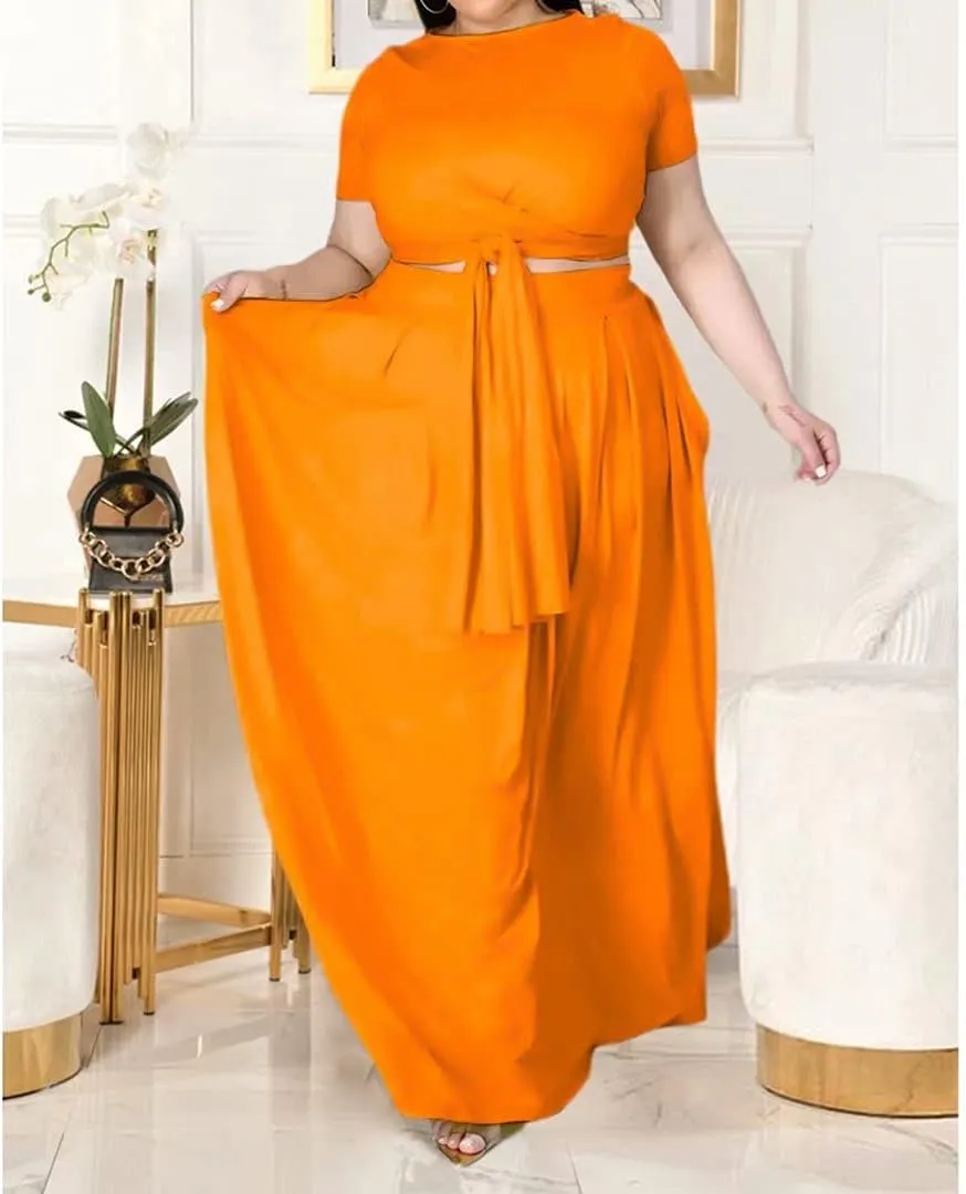 IyMoo Womens Plus Size 2 Piece Dress Outfits Short Sleeve Bandage Wrap Empire Crop Tops and Skirt Sets