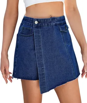 Jean Skirts Denim Mini Pants Dress 2025 Skorts WomenTrendy Stretchy Asymmetrical High Waisted Faux Wrap Pockets