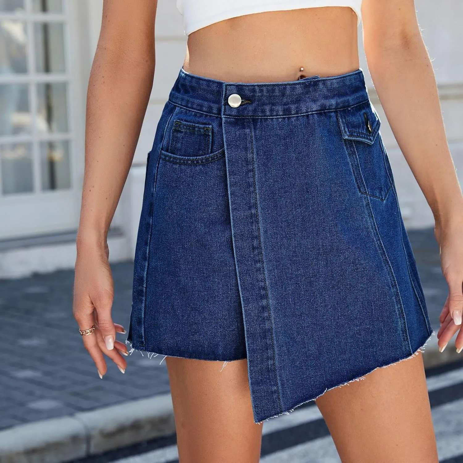 Jean Skirts Denim Mini Pants Dress 2025 Skorts WomenTrendy Stretchy Asymmetrical High Waisted Faux Wrap Pockets