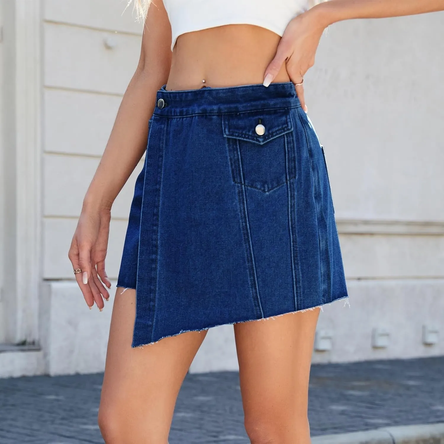 Jean Skirts Denim Mini Pants Dress 2025 Skorts WomenTrendy Stretchy Asymmetrical High Waisted Faux Wrap Pockets