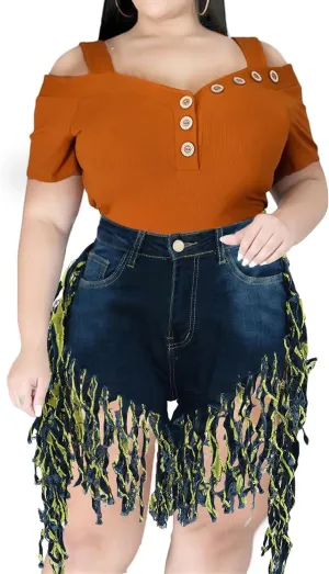 JEKE-DG Women's Plus Size Fringe Raw Hem Denim Shorts High Waisted Tassels Stretchy Hem Short Jeans Clubwear Jeans Short