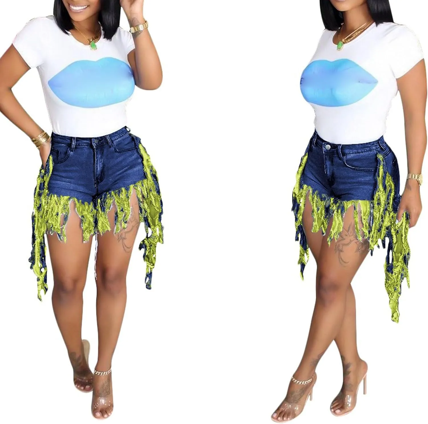 JEKE-DG Women's Plus Size Fringe Raw Hem Denim Shorts High Waisted Tassels Stretchy Hem Short Jeans Clubwear Jeans Short