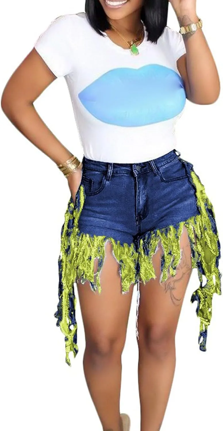 JEKE-DG Women's Plus Size Fringe Raw Hem Denim Shorts High Waisted Tassels Stretchy Hem Short Jeans Clubwear Jeans Short