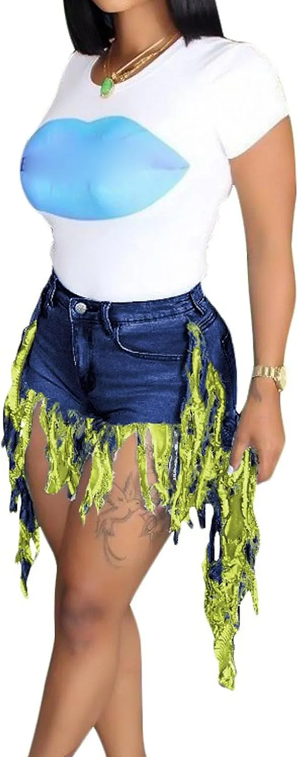 JEKE-DG Women's Plus Size Fringe Raw Hem Denim Shorts High Waisted Tassels Stretchy Hem Short Jeans Clubwear Jeans Short