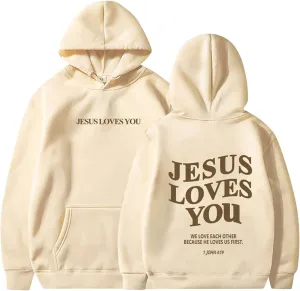 Jesus Loves You Christian Hoodies for Women Bible Verse Oversized Long Sleeve Y2K Drawstring Sweatshirts Comfy Pockets Tops