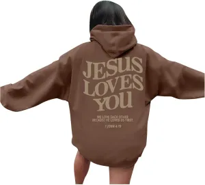 Jesus Loves You Christian Hoodies for Women Bible Verse Oversized Long Sleeve Y2K Drawstring Sweatshirts Comfy Pockets Tops